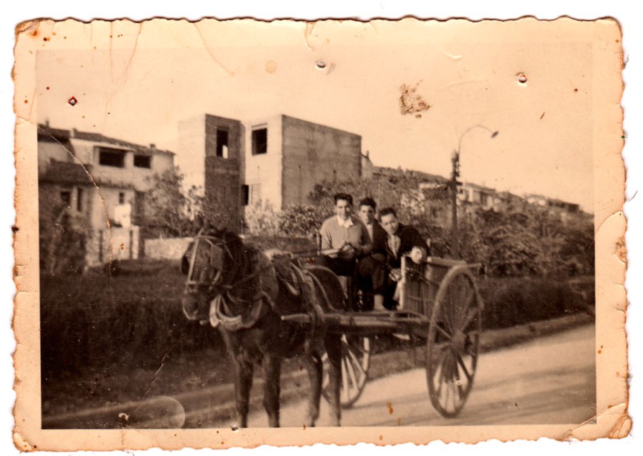 Tres xiquets mudats a cavall d'un carro per la carretera. Vegeu l'extensió dels cultius que la separaven del poble. Fixeu-vos també en la precarietat de la farola que tenen darrere. Reconeixem, amb els ramals, a Joaquín de Músic, i a l'altre costat a, potser, Benjamín de Cagarnera. El del mig no hem pogut averiguar qui és.