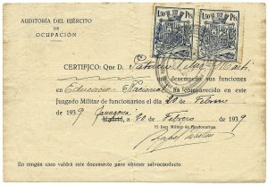 Certificat de compareixença en Jutjat Militar de les Exèrcit d'Ocupació en qualitat de Mestre. Lliurat a Tarragona, on tenia plaça, dilluns 20 de febrer de 1939. Els dos documents han estat aportats per Jordi López Vilar.